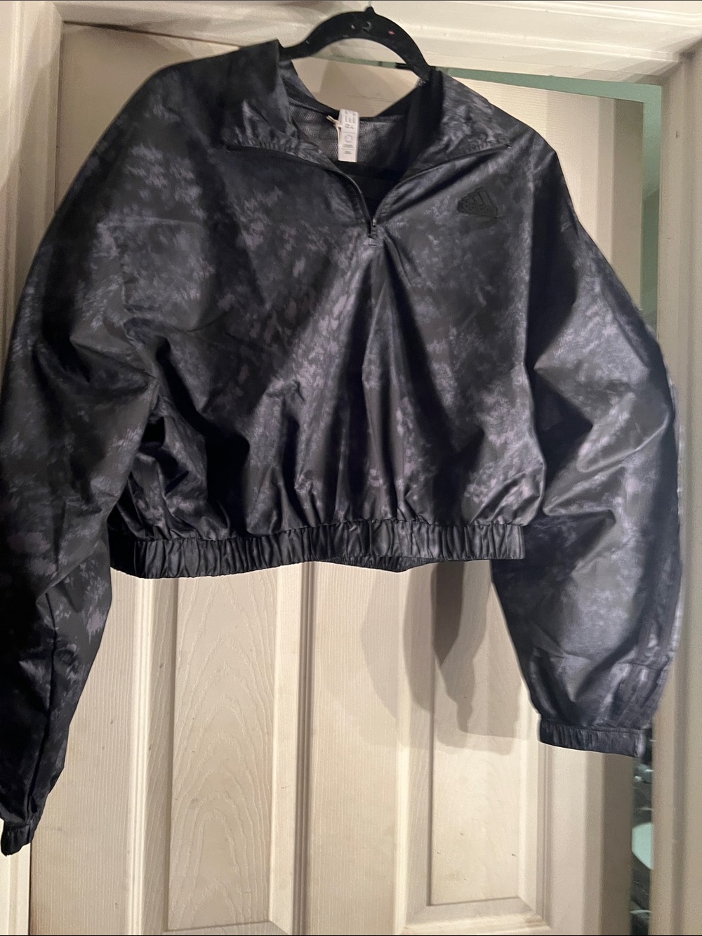 adidas Black Cropped Bomber Jacket with Subtle Marbled Print wide legged pants - Picture 3 of 8